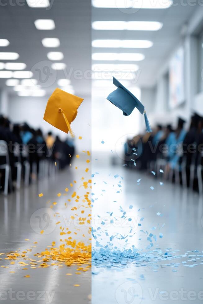 Celebration of success contrasted with the bustling energy of classroom learning photo