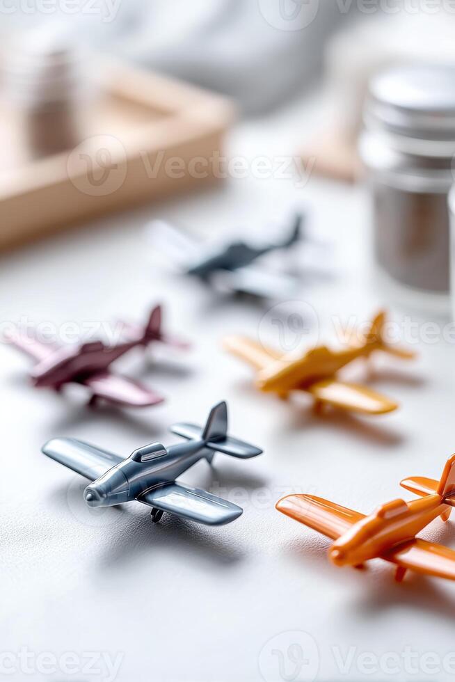 Bright mockup displaying various model airplane kits on a clean white surface photo
