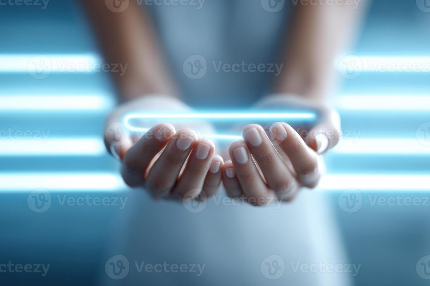 Unique neon light held in hands against an artistic glowing background for creative expression photo