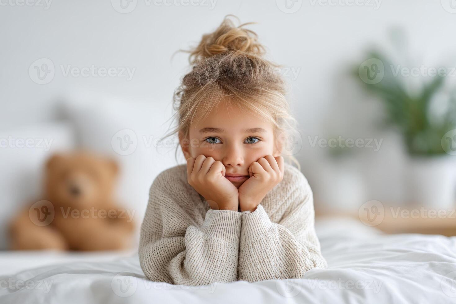 Caucasian child finding comfort in bedroom while overcoming fears and phobias photo