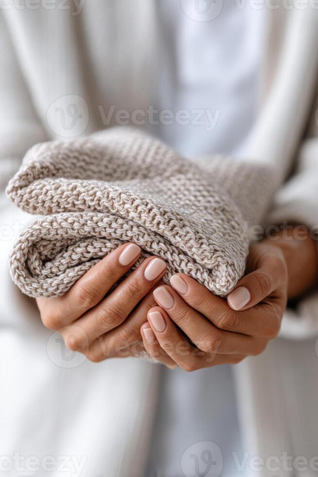 Cozy knitted blanket held in hands for a homely atmosphere and relaxation space photo