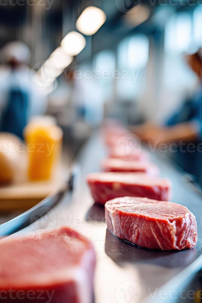 Meat processing equipment showcases vivid cuts of fresh meat on conveyor in a busy production facility photo
