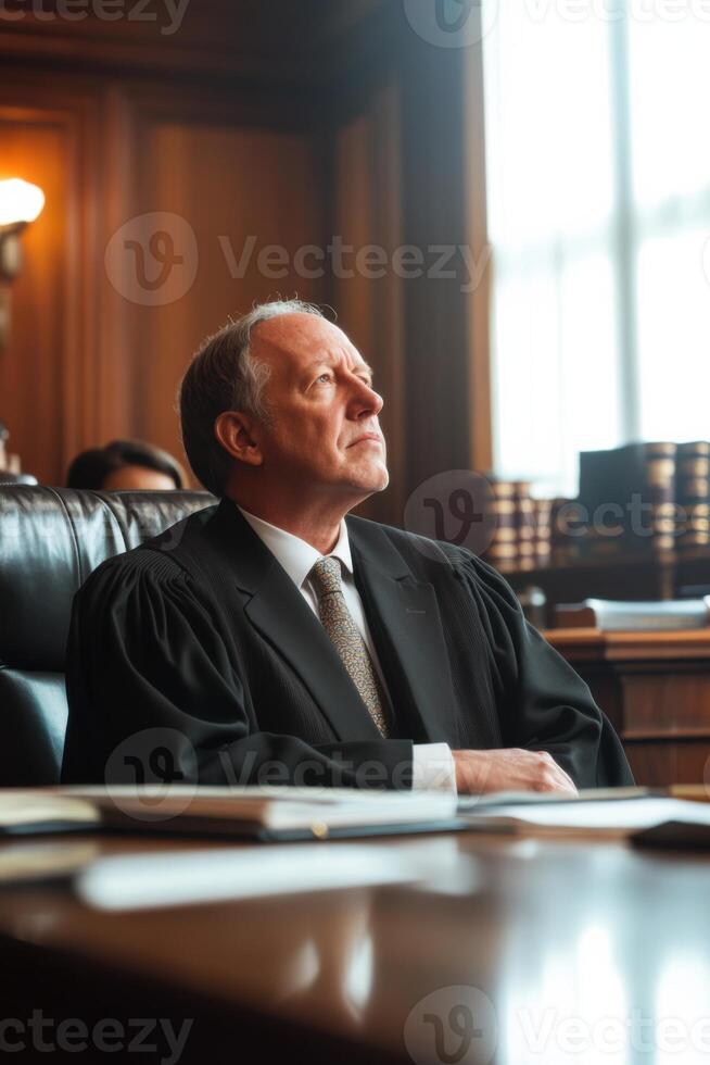 Judge reflects on case in private chamber filled with law books and personal memorabilia photo