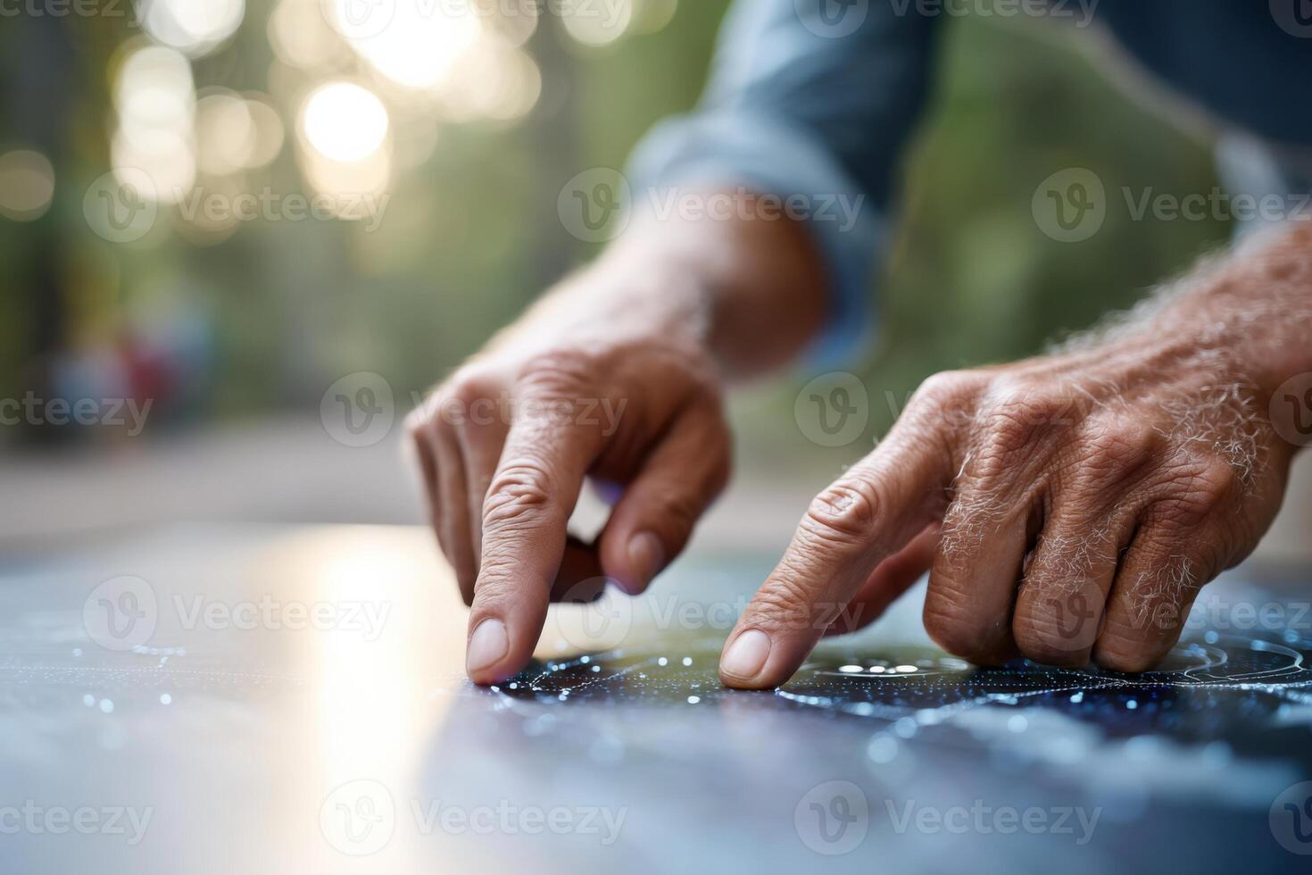 Hands explore a star map in a vibrant outdoor setting under a bright sky photo