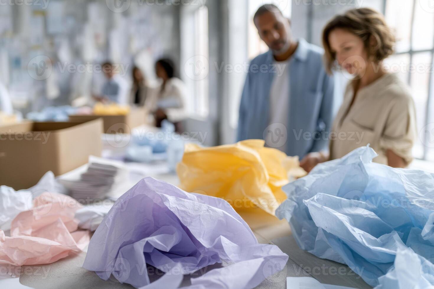 Creative workspace with colorful packing materials and team discussion on innovative uses photo