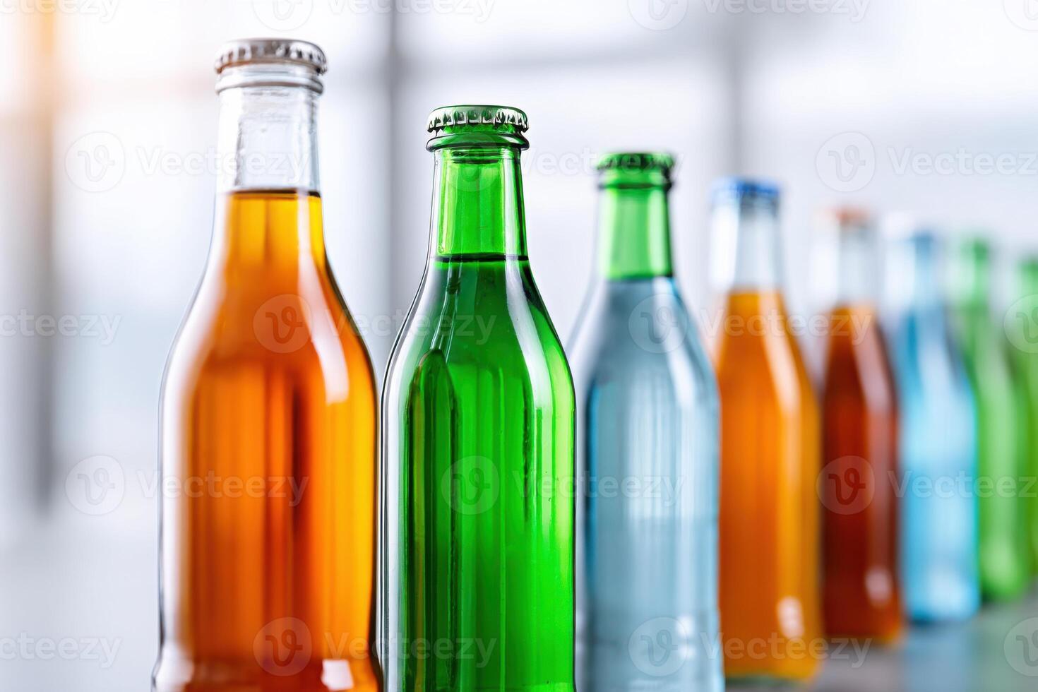 Vibrant assortment of colorful beverage bottles displayed against a bright and cheerful backdrop photo