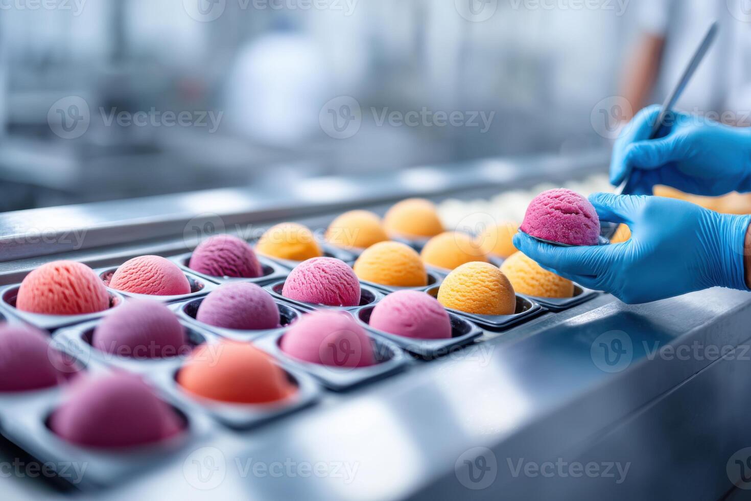 Vibrant ice cream flavors being scooped and packed in energetic factory setting photo