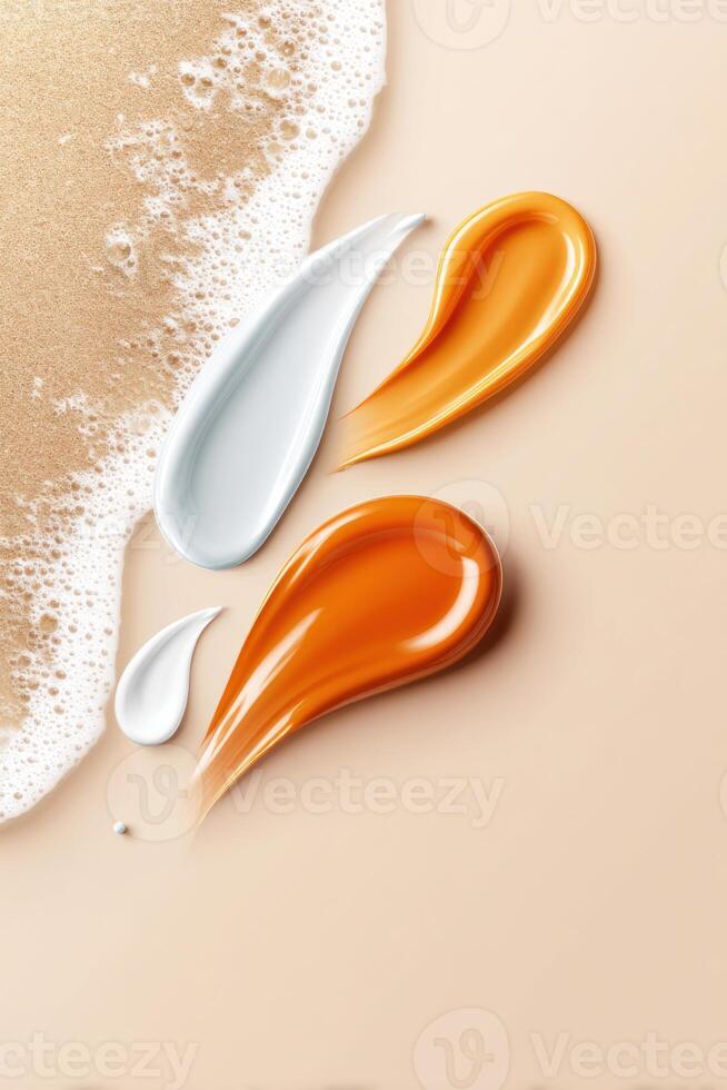 Bright colors highlight artistic illustration of sunscreen cream textures on smooth surface photo
