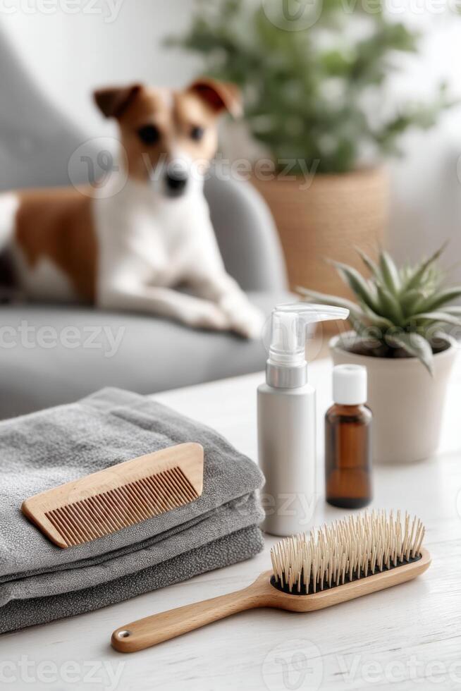 Bright and clean grooming tools with a relaxed pet on a white surface for stylish pet care photo