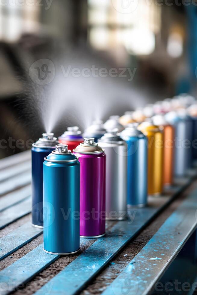 Processing of aerosol can materials in an industrial setting showcasing vibrant colors and production activity photo