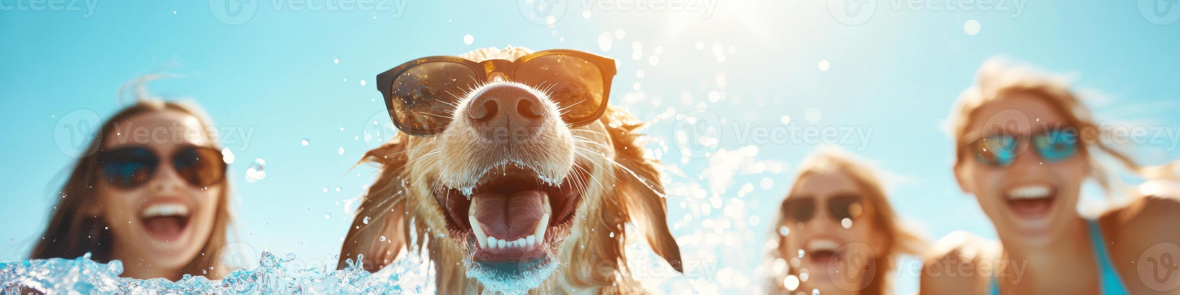 Friends enjoying a bright summer day as a dog joyfully splashes into the pool photo
