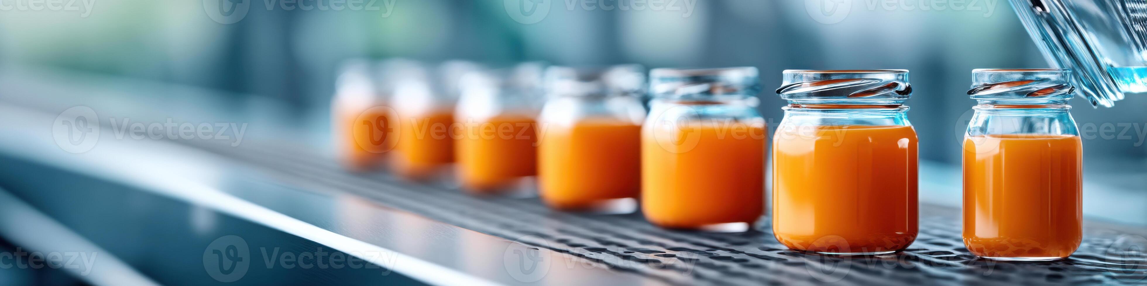 Dynamic view of baby food jars being filled in a lively factory setting with ample space for details photo