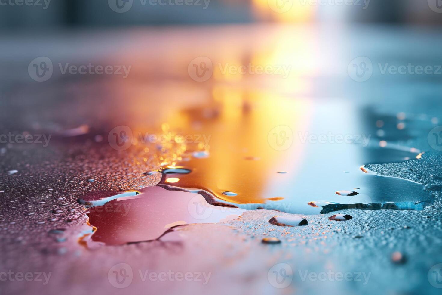 Bright puddles reflecting colorful surroundings create a vibrant display at sunset photo