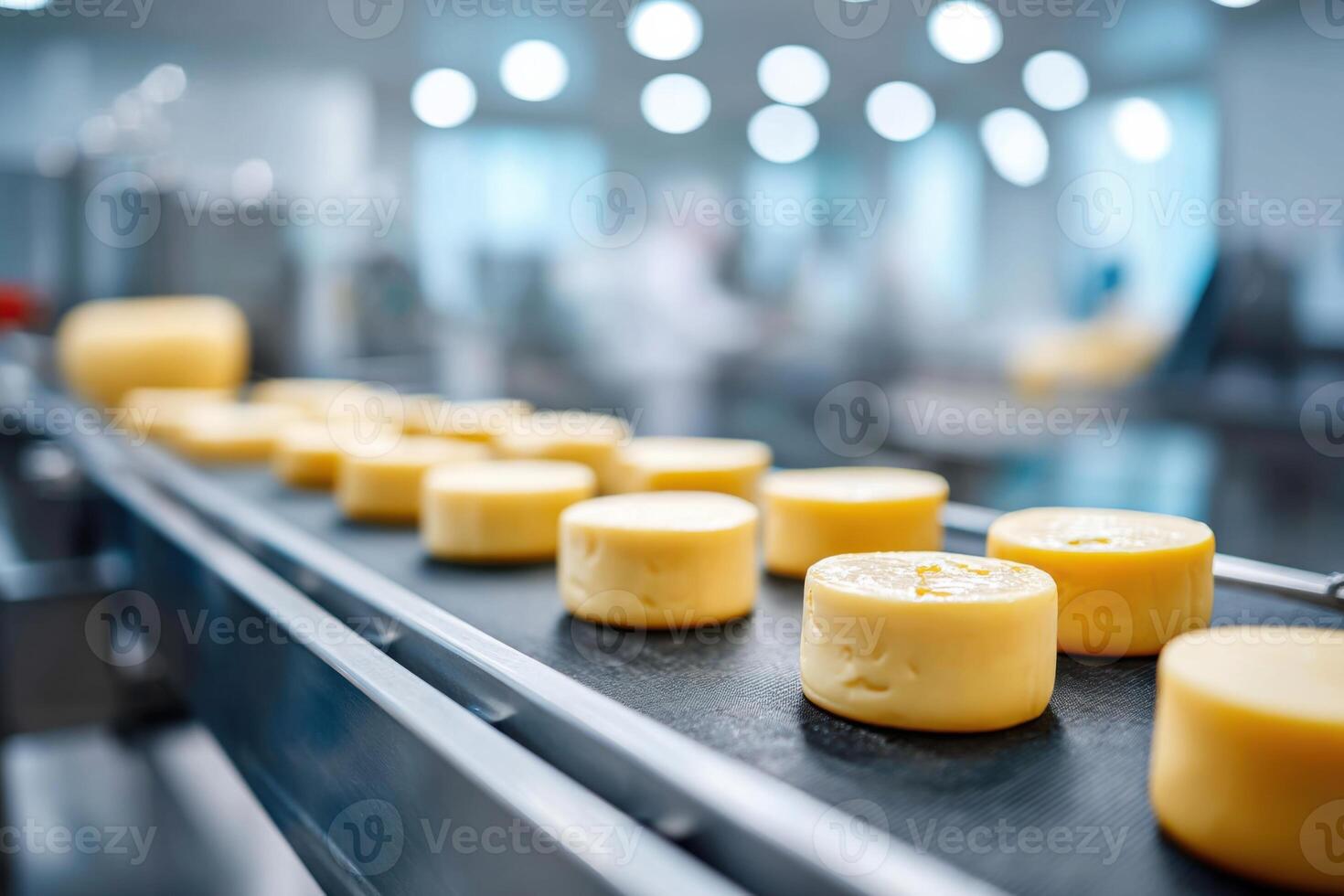 Finished cheeses on conveyor belt in modern manufacturing facility with ample branding opportunities photo