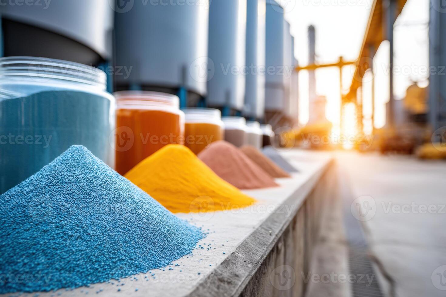 Fertilizer manufacturing facility showcases vibrant products and production processes during golden hour photo