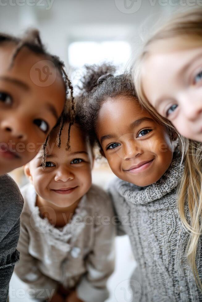 Diverse group of kids sharing interests in a vibrant community setting photo