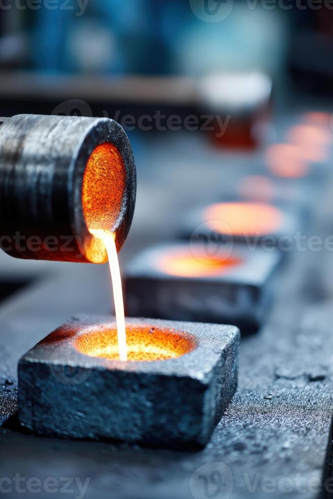 Metal production process showcasing molten metal pouring into molds in a dynamic factory environment photo
