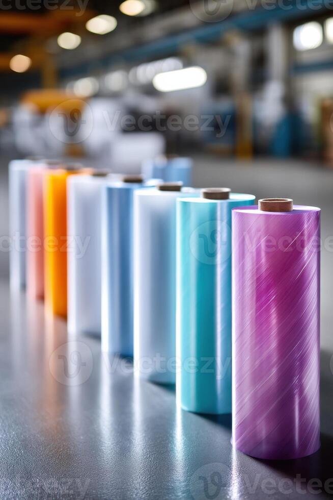 Vibrant rolls of polyethylene showcasing colorful designs in a busy factory setting photo