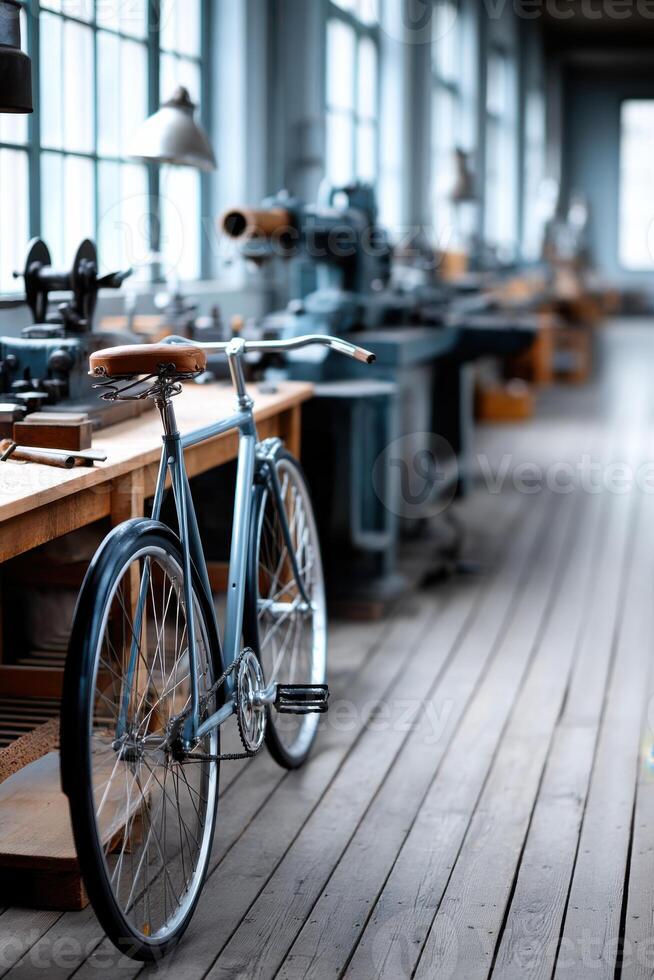 Bicycle production workshop with machinery and tools in a well-lit environment photo