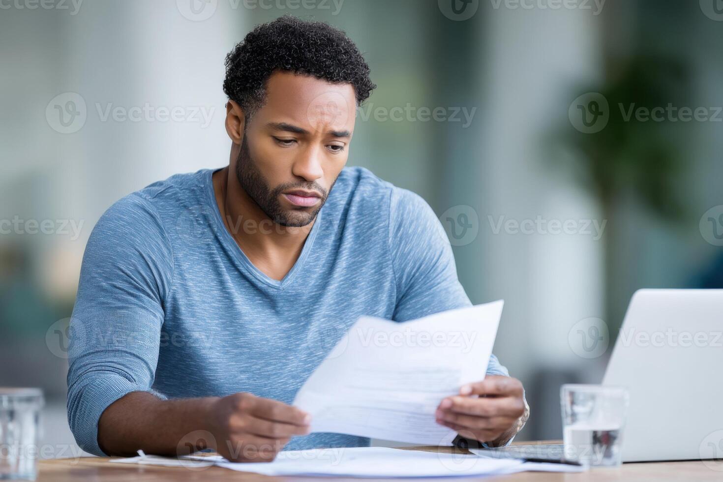 Young man reviews financial documents with concern about pension systems in vibrant workspace photo