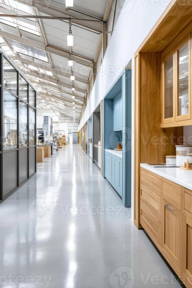 Modern cabinet production facility showcasing various styles and displays for branding photo