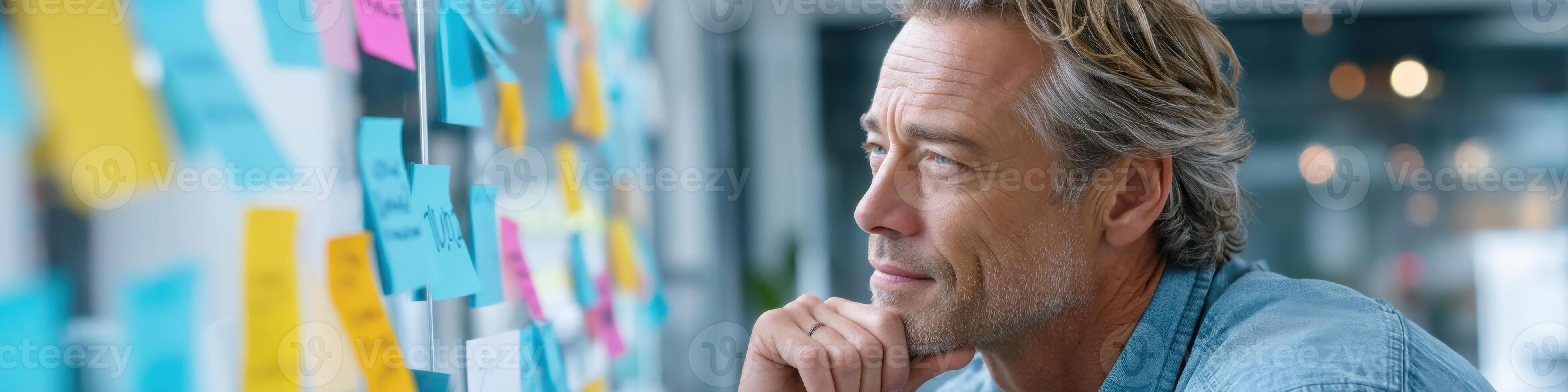 Middle-aged man ponders skills during dynamic workshop while surrounded by vibrant learning materials photo