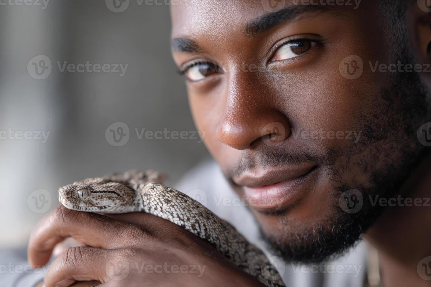 Wildlife photography session with a relaxed Black adult and a friendly snake photo