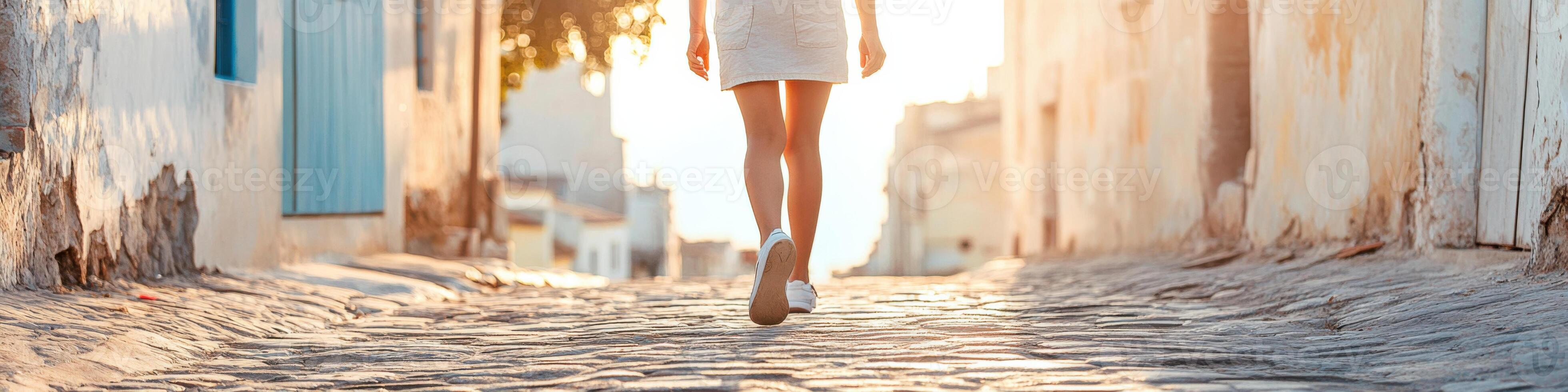 Walking on cobblestone streets in a charming historic neighborhood during golden hour photo