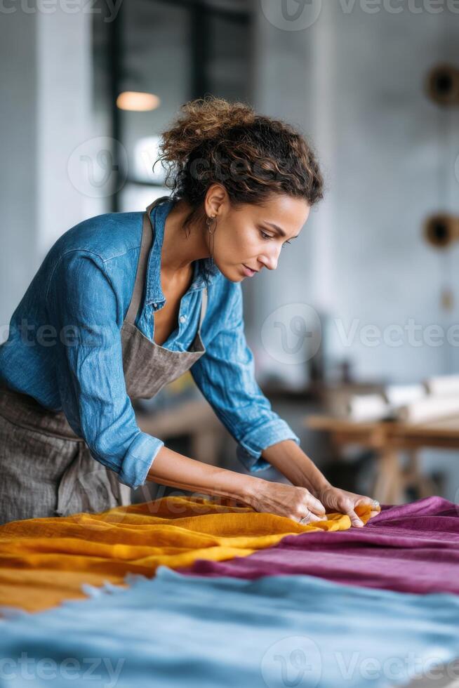 Creative expression in a vibrant fabric workshop with colorful materials photo
