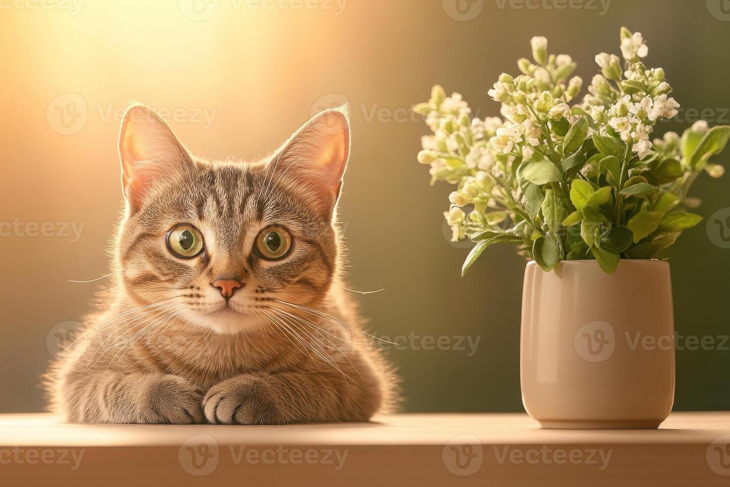 Mischievous cat eyes flower vase from the edge of a table in warm sunlight photo
