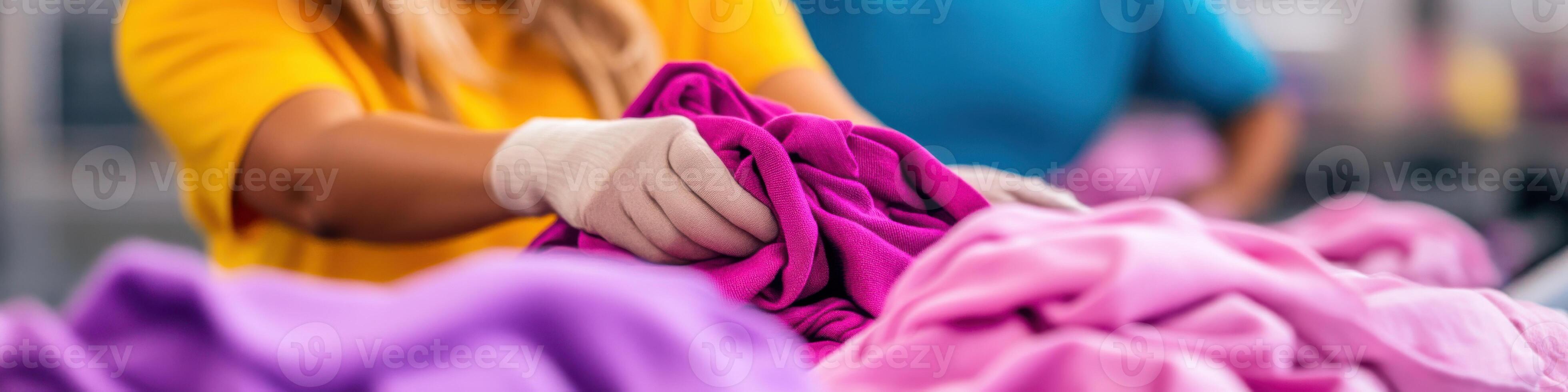 Textile recycling process showcasing diverse workers sorting fabrics on a conveyor belt in a recycling facility photo