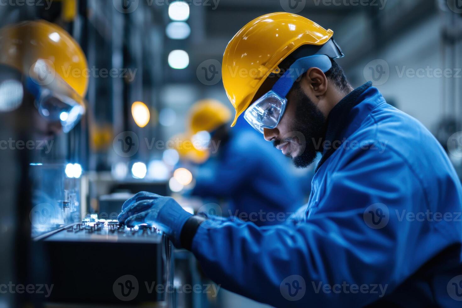 Technicians work on assembling ski equipment in a modern manufacturing facility photo
