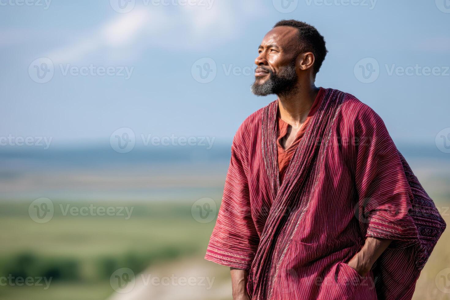 Confident man in colorful ancient robes stands on hilltop overlooking vibrant landscape with hopeful expression photo