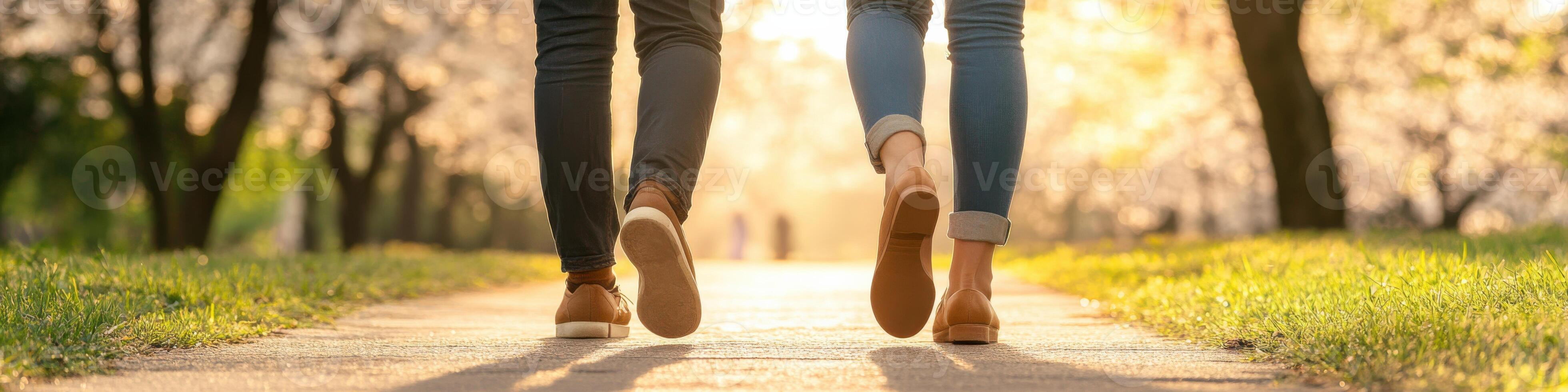 Couple enjoys a leisurely stroll in the blooming park on a sunny afternoon photo