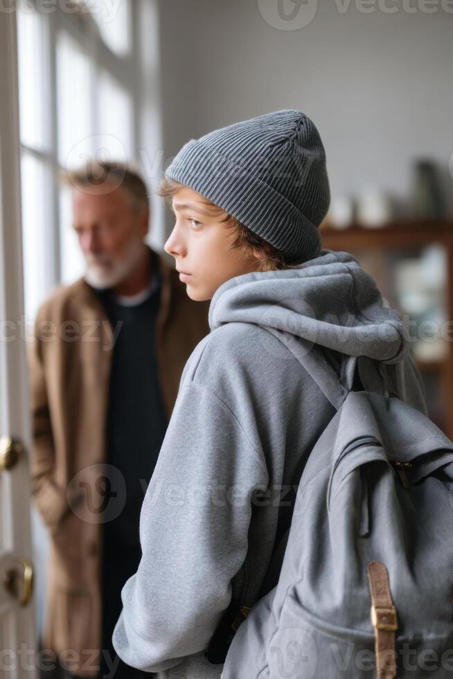 Teen boy experiences conflict and emotions while leaving father at home after an argument photo