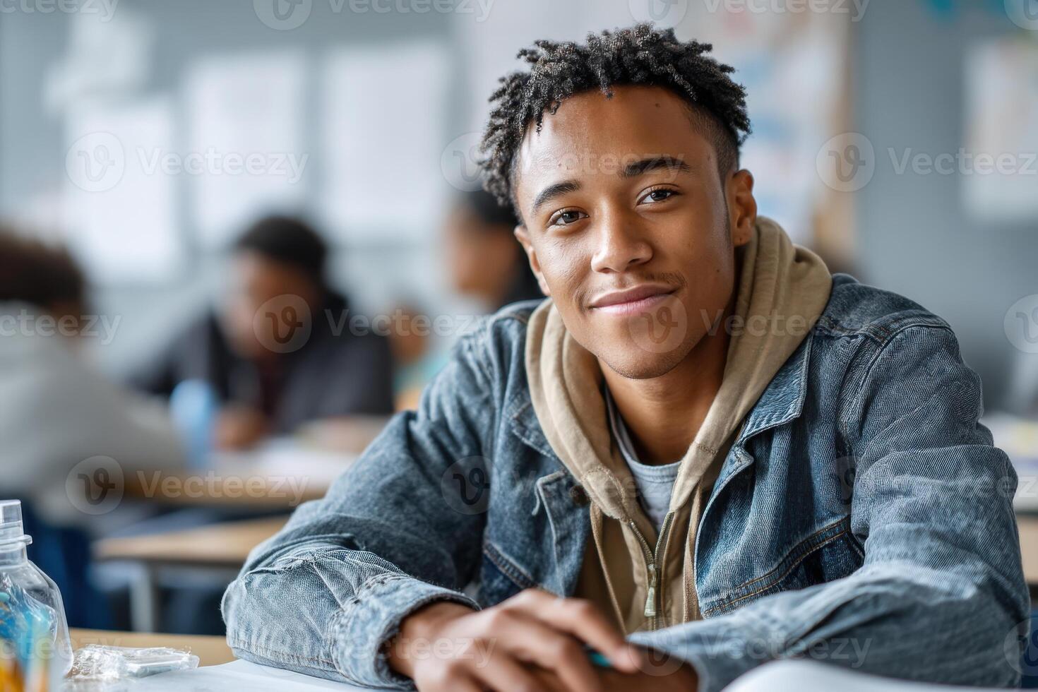 Confident Black teen expressing individuality in a vibrant classroom full of puzzles photo