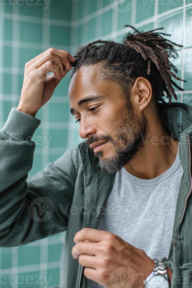 Hispanic gentleman with dry and brittle hair combing through tangled locks in colorful tiled bathroom setting photo
