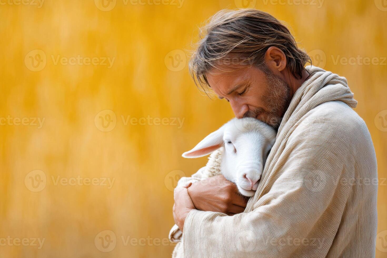 Shepherd joyfully embraces lost sheep reunited in natures vibrant backdrop photo