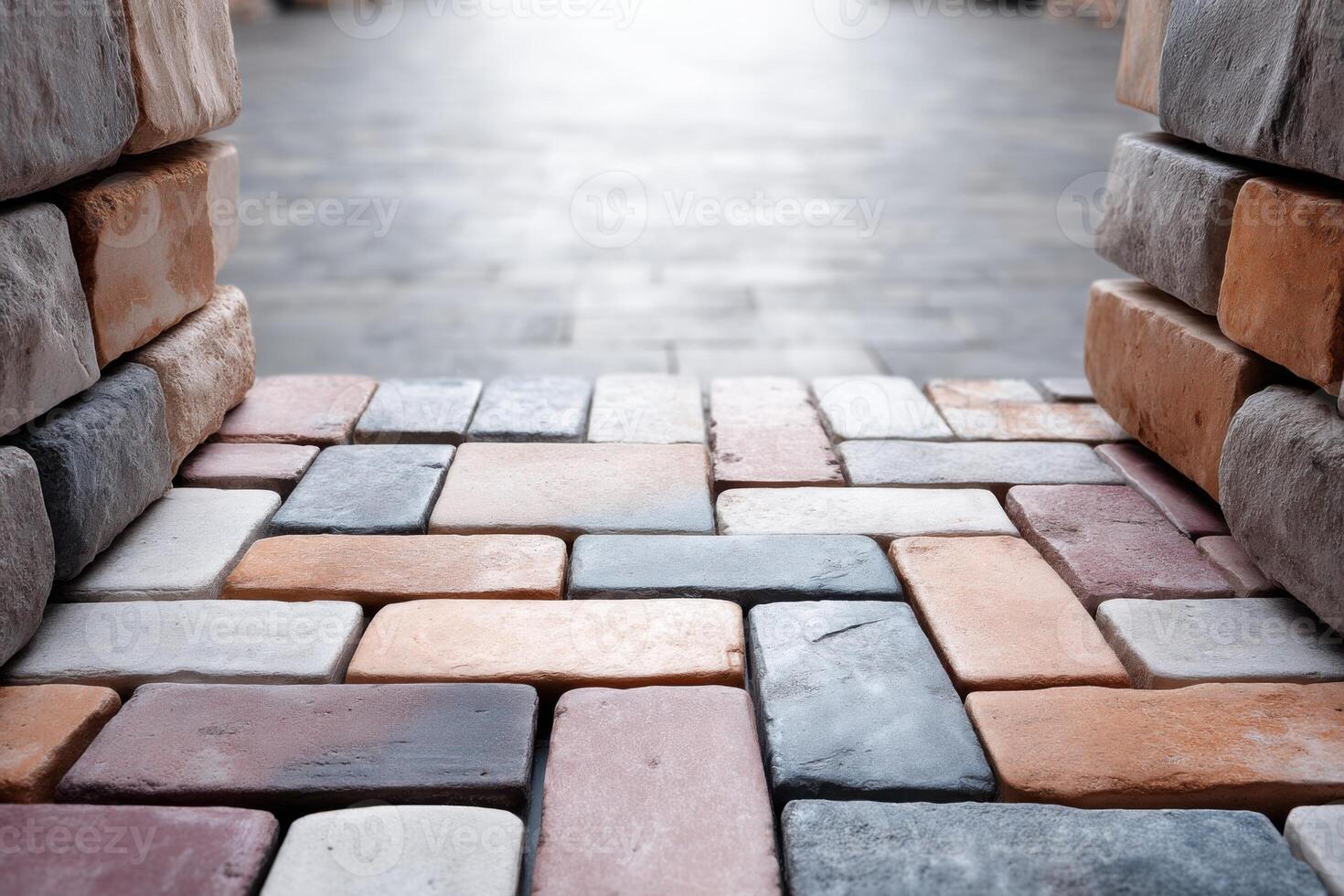 Vibrant natural patterned paving creates visual interest in outdoor space with central copy area photo
