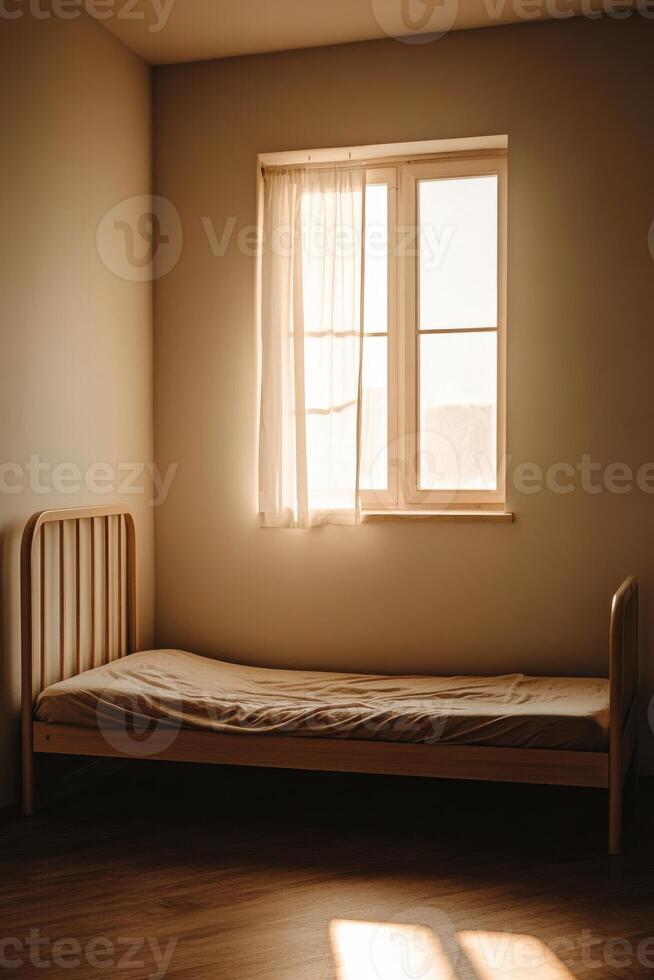 Embracing solitude in a dimly lit room with a single window casting light on an unmade bed photo