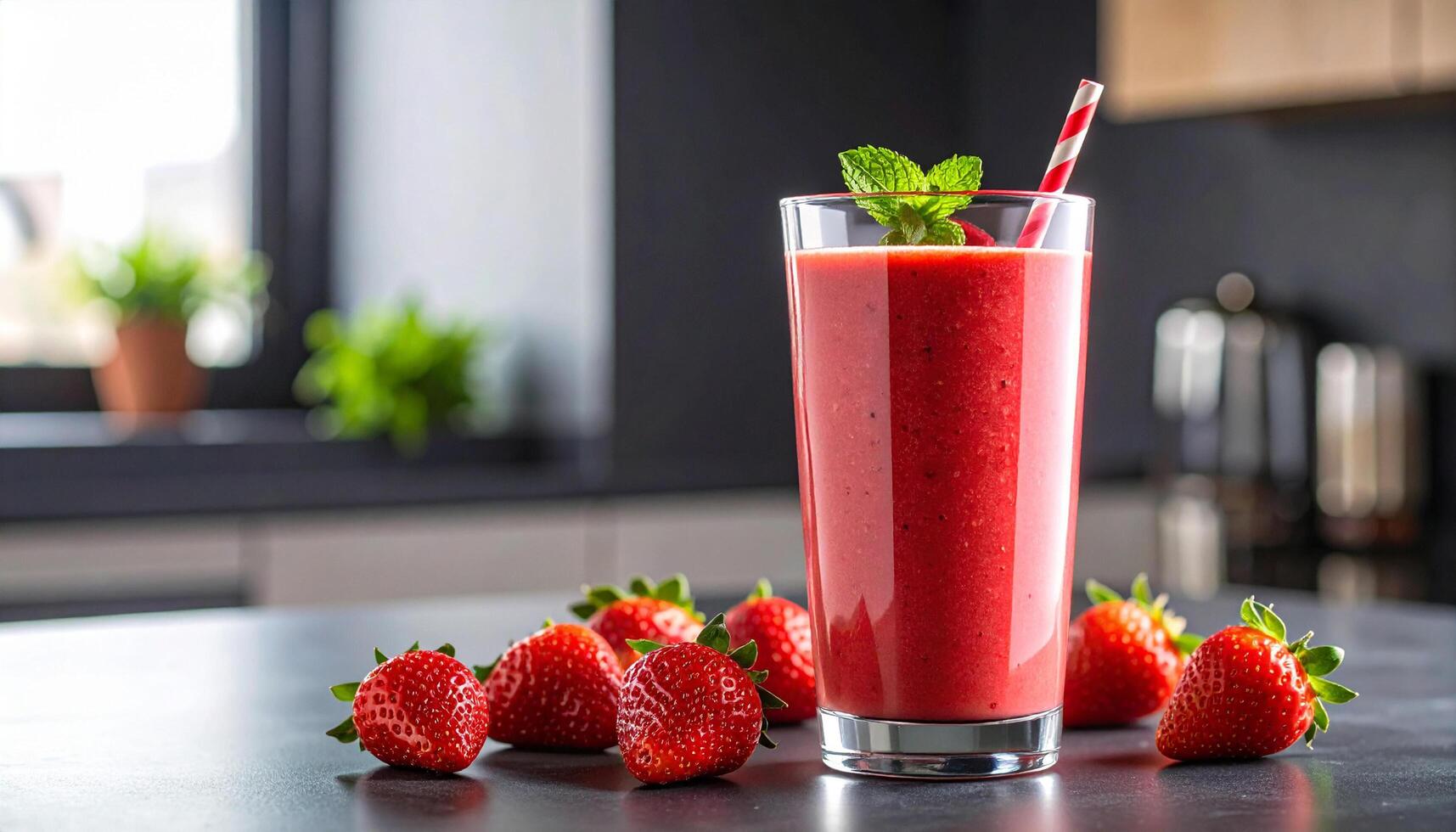 Fresh strawberry smoothie with mint garnish, ready to drink in a tall glass with fruit around it photo