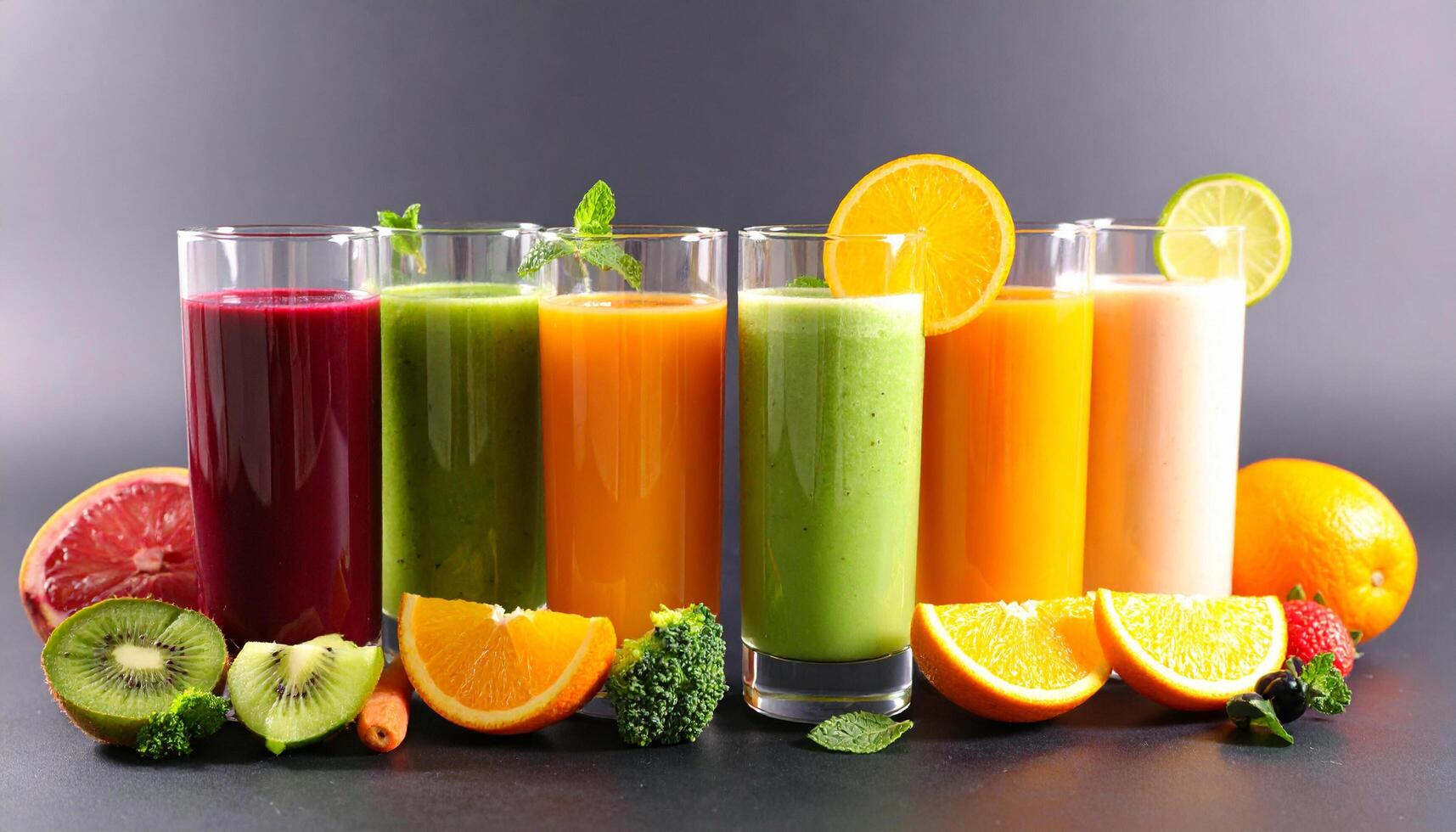 Fresh fruit smoothies and juices offer a rainbow of healthy options with citrus, greens, and assorted fruit on display. photo