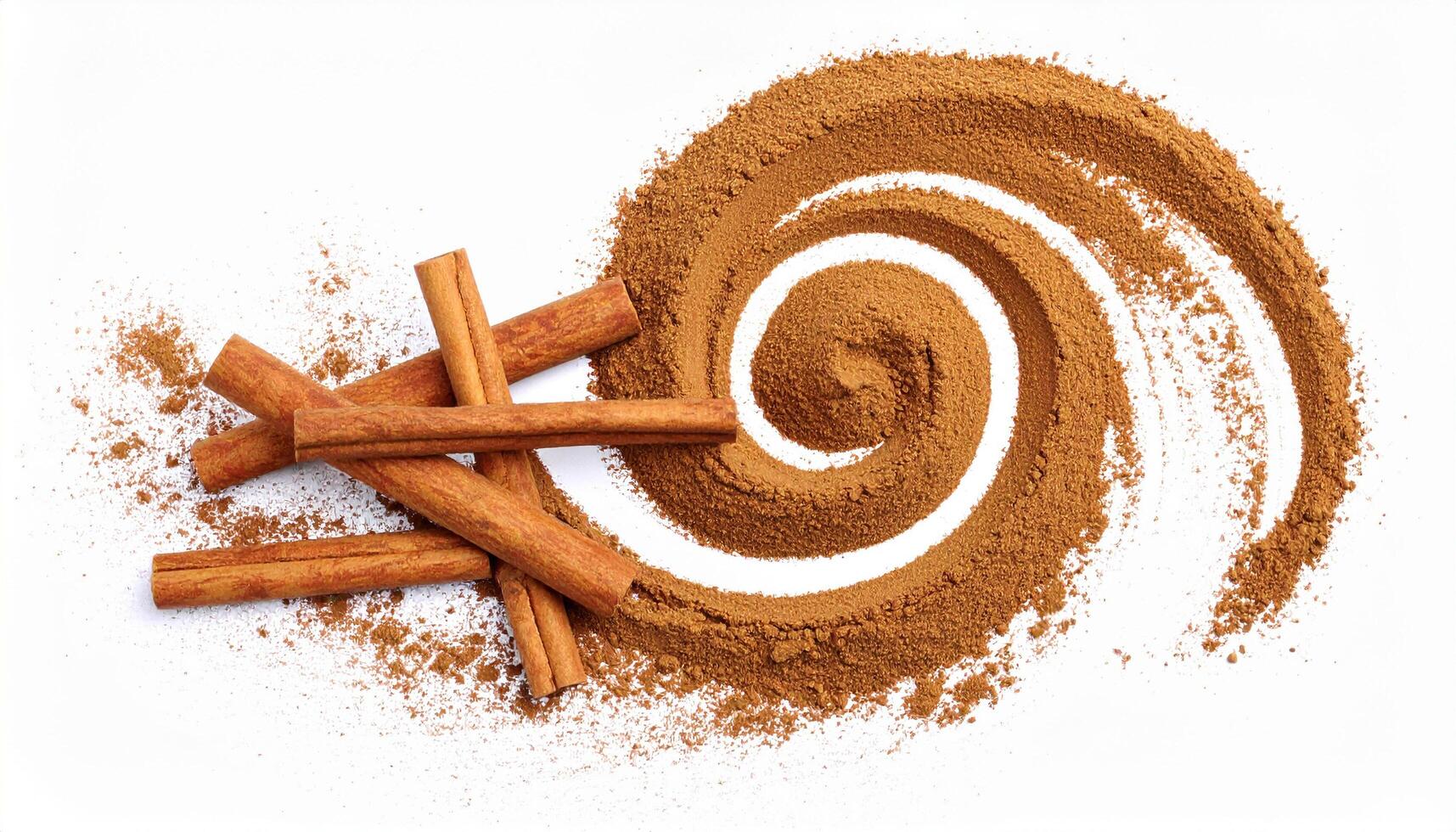 Fresh cinnamon sticks alongside aromatic cinnamon powder in a swirling pattern on a clean white background create a simple culinary delight. photo