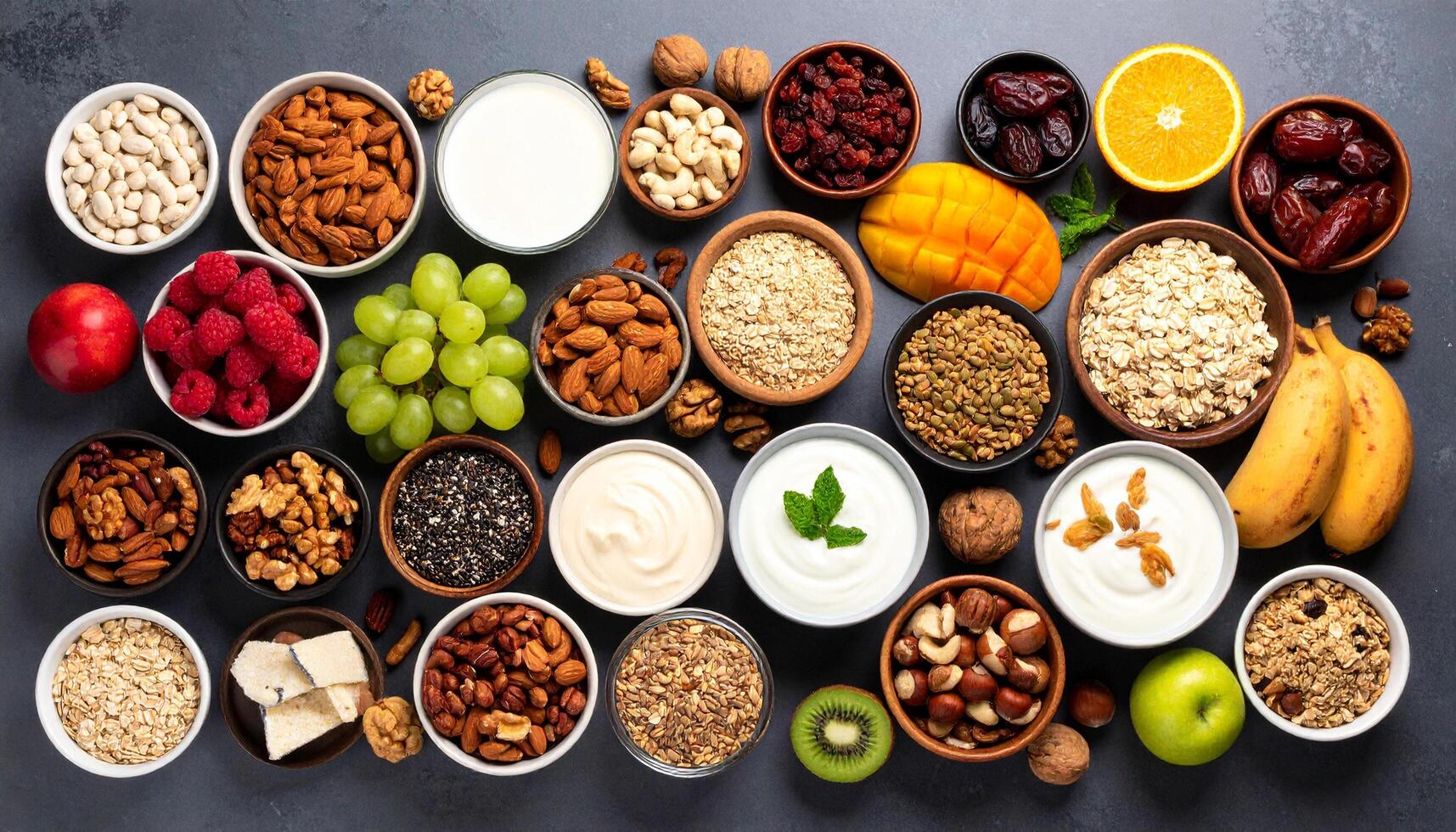 Delicious assorted healthy foods presented in bowls offer variety and appealing options for nutrition and well-being. photo