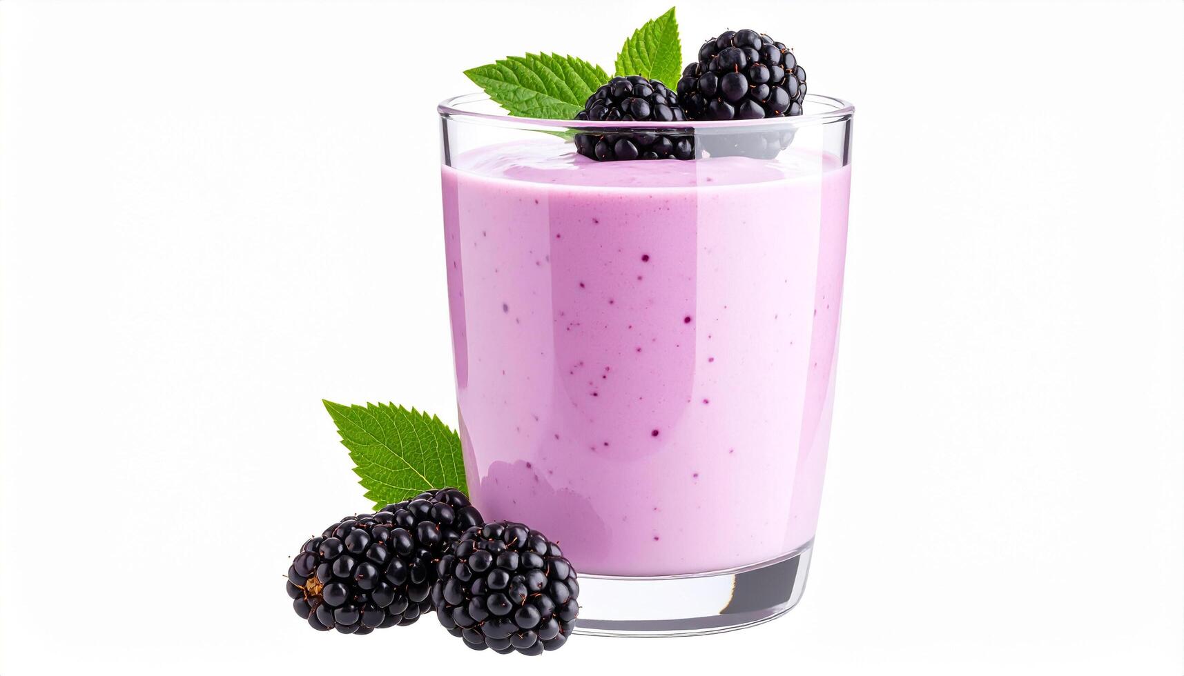 Creamy blackberry smoothie in glass with fresh mint leaves on a bright, clean background showcases a healthy, delicious treat. photo