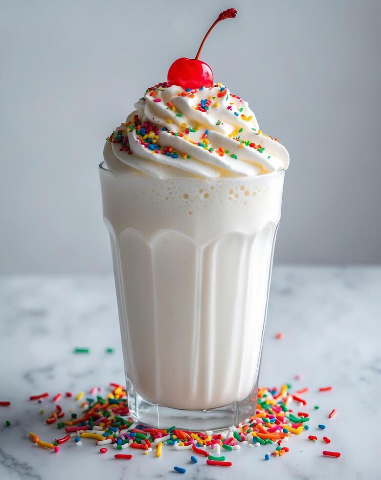 Delicious Vanilla Milkshake Topped with Whipped Cream and Sprinkles photo