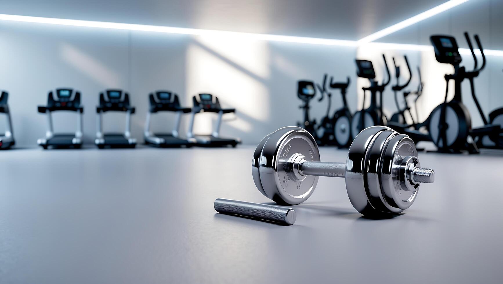 Modern Gym Interior with Dumbbell in Focus photo