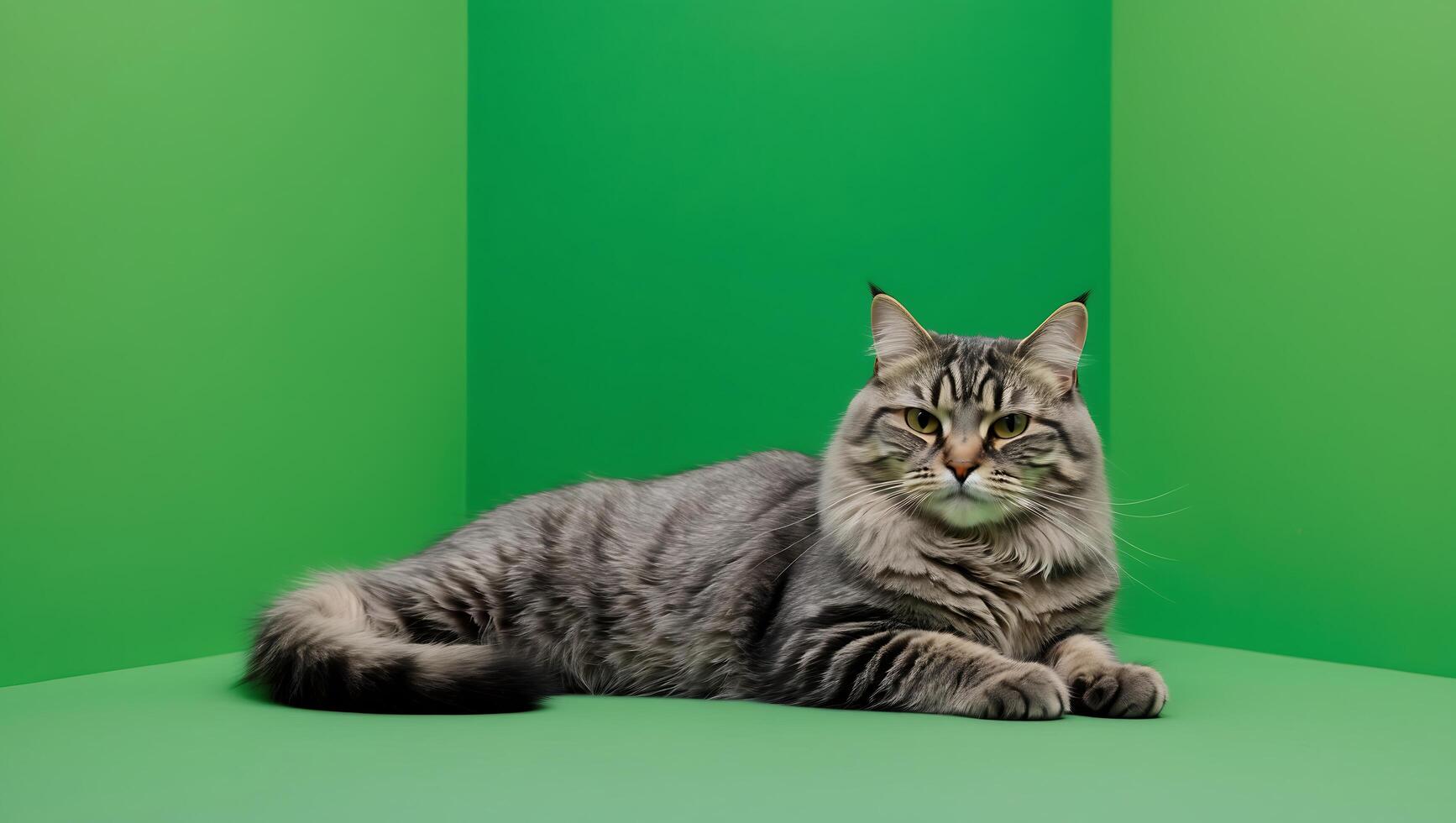 Serene Gray Cat on Green Background Studio Shot photo