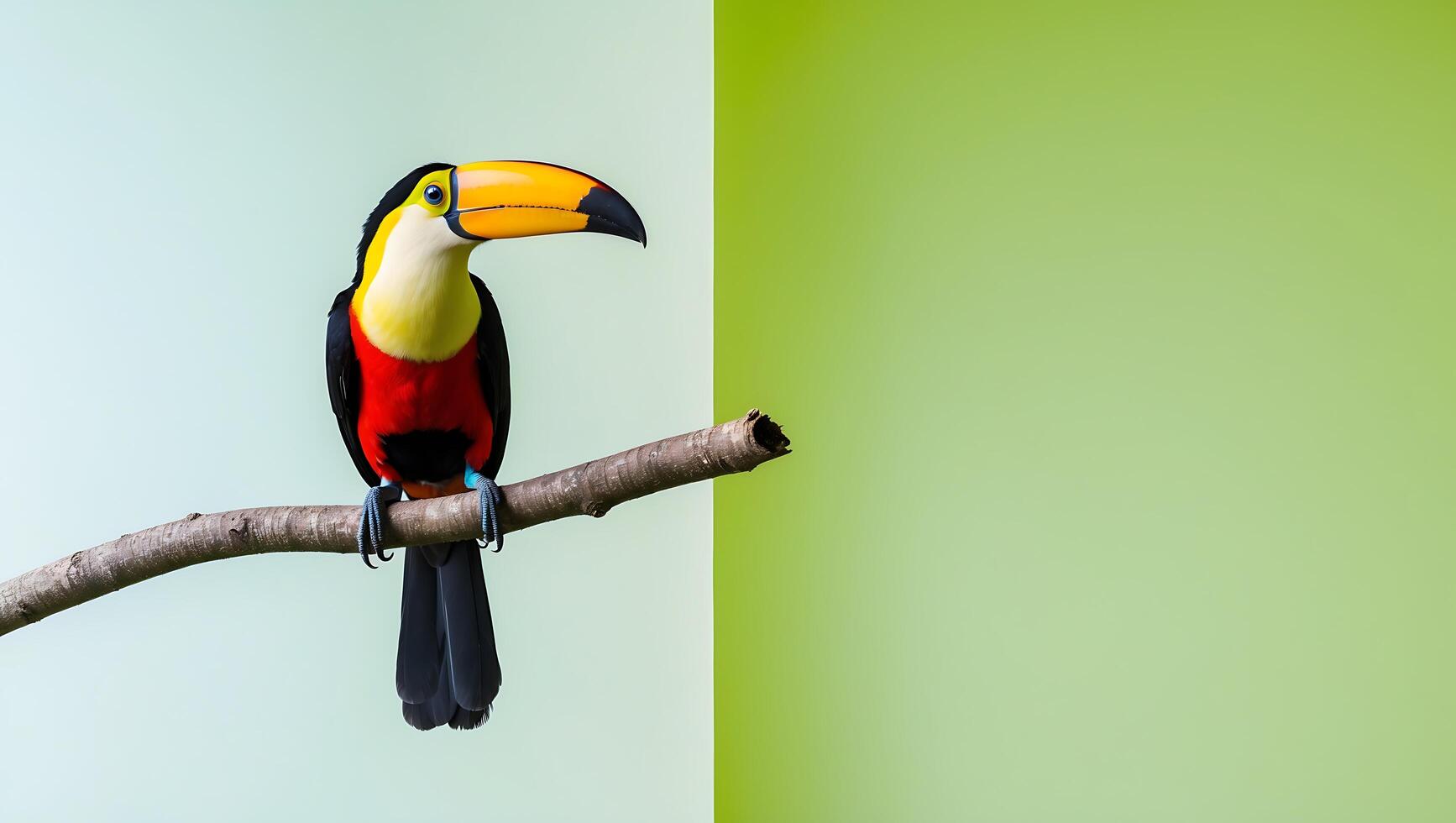 Vibrant Toucan on Branch Against Green and Mint Background photo