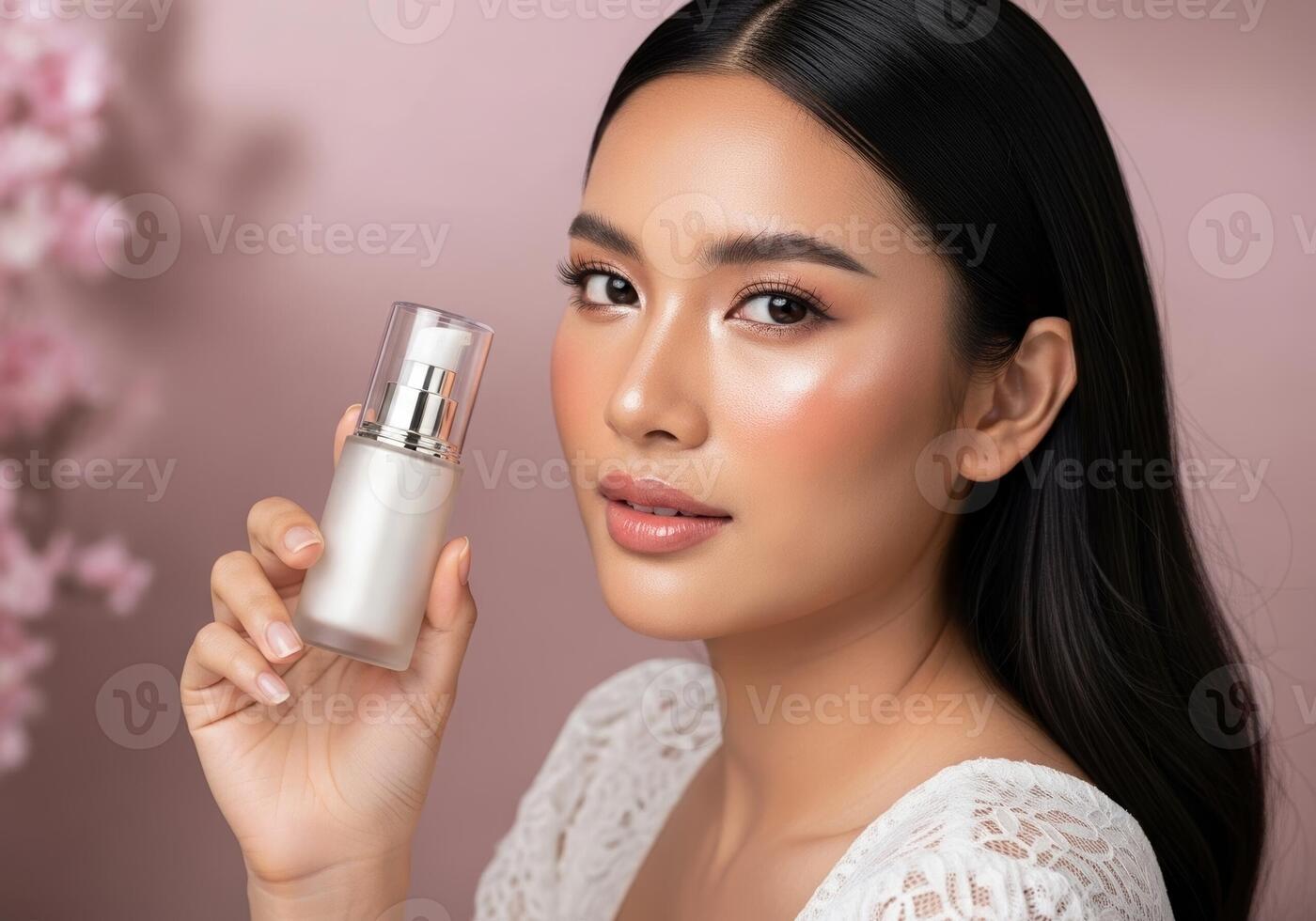 Beautiful asian woman holding a bottle of skin care product photo